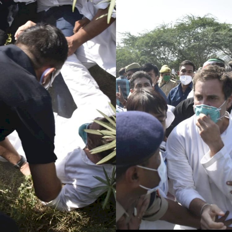यूपी: हाथरस जा रहे राहुल गांधी पुलिस की धक्कामुक्की से सड़क पर गिरे, धरने पर बैठे, राहुल प्रियंका समेत अरेस्ट